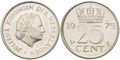 Нидерланды 25 центов 1975 Юлиана (1949-1980) KM 183 никель 214-968