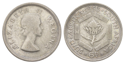 ЮАР 6 пенсов 1953 KM 48 серебро 4617-232