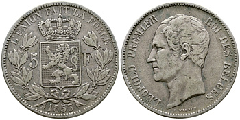 Бельгия 5 франков 1853 Леопольд I (1831-1865) KM 17 серебро 00-1067-5-53