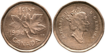 Канада 1 цент 1994 Елизавета II (1952-2022), кленовый лист KM 181 бронза 4528-766