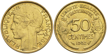 ФРАНЦИЯ 50 САНТИМОВ 1932 ТИП MORLON, OPEN 9, С ЯГОДОЙ KM 894.1, LE FRANC 192.7 алюминиевая бронза 44-728