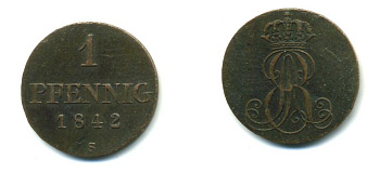Ганновер 1 пфенниг 1842 S, Эрнст Август (1837-1851) KM 173.3, AKS 128, J. 54 медь 35-148
