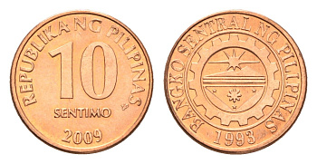 Филиппины 10 сентимо 2009 KM 270 сталь плакированная медью UNC 4668-712