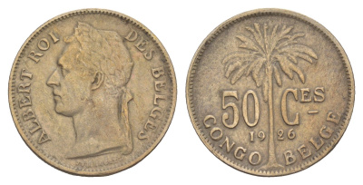 Бельгийское Конго 50 сантимов 1926 Надпись на французском - 'ALBERT ROI DES BELGES' KM 22 медно-никель 4654-1135