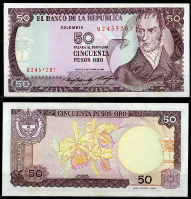 Колумбия 50 песо 1984 Камило Торрес Тенорио, орхидеи  Pick 425 a  бумага  UNC (пресс) 447-74-3