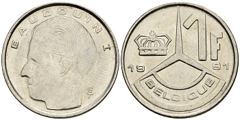 БЕЛЬГИЯ 1 ФРАНК 1991 BELGIQUE KM 170 сталь плакированная никелем 4528-1042