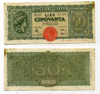 Италия 50 лир 1944 Pick 74, Grapanzano 131A 450-92-1