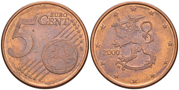 Финляндия 5 евроцентов 2000 М KM 100 сталь плакированная медью 4543-125