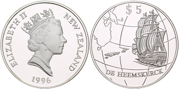Новая Зеландия 5 долларов 1996 парусник Хемскерк (De Heemskerck) KM 102 серебро PROOF 1081-7-24