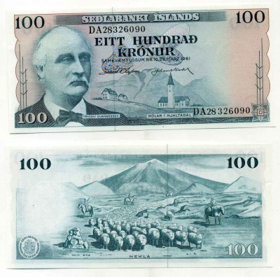 Исландия 100 крон 1961 подпись 38, Триггви Гуннарссон, вулкан Гекла Pick 44 a (7) бумага UNC (пресс) 8564-5-3-2