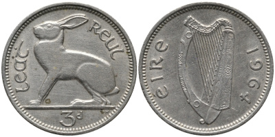 Ирландия 3 пенса 1964 заяц KM 12a медно-никель 4387-1043