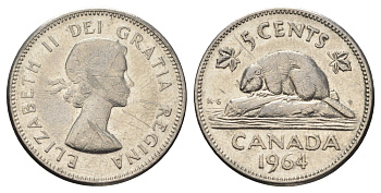 Канада 5 центов 1964 Елизавета II (1952-2022), бобр KM 57 никель 4689-341