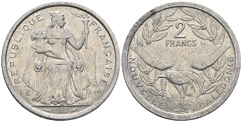 Французская Новая Каледония 2 франка 1983 птица кагу, (IEOM) KM 14, Schoen 11, Lec 63 алюминий    27-623