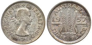 Австралия 3 пенса 1957 m, Елизавета II (1952-2022) KM 57 серебро 71-163