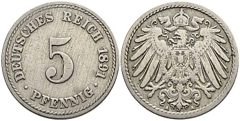 ГЕРМАНИЯ 5 ПФЕННИГОВ 1891 A KM 11, Jager 12, Weege 6 медно-никель 4547-324