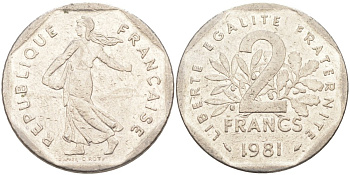 Франция 2 франка 1981 KM 942.1 никель 63-642
