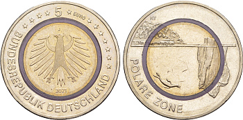 ФРГ 5 евро 2021 J, Полярная зона KM 401 биметалл UNC  4635-1154