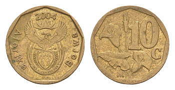 ЮАР 10 центов 2004 герб, цветок алоэ KM 326 сталь плакированная бронзой 4621-1056