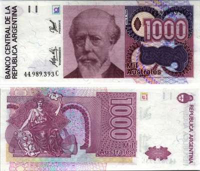 АРГЕНТИНА 1000 АУСТРАЛЕЙ 1990 СЕРИЯ C 44989, ПРЕЗИДЕНТ АРГЕНТИНЫ ХУЛИО РОКА Pick 329d, Bottero 2862 бумага UNC (ПРЕСС) 6352-12-3-1
