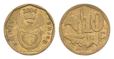 ЮАР 10 центов 2004 герб, цветок алоэ KM 326 сталь плакированная бронзой 4621-1056