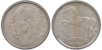 Норвегия 1 крона 1961 лошадь KM 409 медно-никель 25-2131
