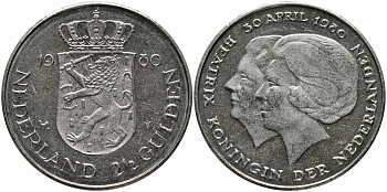 Нидерланды 2 1/2 гульдена 1980 коронация Беатрикс, 30 апреля 1980 KM 201 никель 111-332