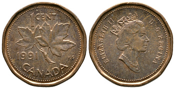 Канада 1 цент 1991 Елизавета II (1952-2022), кленовый лист KM 181 бронза 46-865