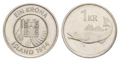 Исландия 1 крона 1994 треска KM 27a сталь плакированная никелем UNC 4635-112