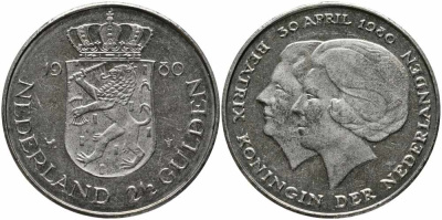 Нидерланды 2 1/2 гульдена 1980 коронация Беатрикс, 30 апреля 1980 KM 201 никель 111-332