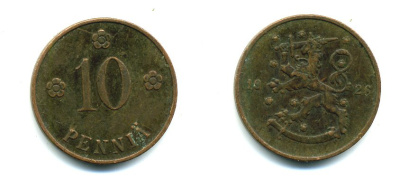 Финляндия 10 пенни 1926 республика (1918-1962) KM 24 медь 46-1545