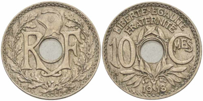 Франция 10 сантимов 1918 тип Линдайё KM 866a, Le Franc 138.3 медно-никель 108-124