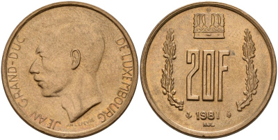 Люксембург 20 франков 1991 KM 67 алюминиевая бронза 4157-425