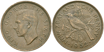 Новая Зеландия 1 пенни 1952 Птица Туи, Король Георг VI (1937 - 1952) KM 21 бронза 4542-942