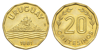 Уругвай 20 сентесимо 1981 KM 67 алюминиевая бронза UNC 4613-228