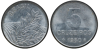 БРАЗИЛИЯ 5 КРУЗЕЙРО 1980 КОФЕ KM 591 сталь aUNC 72-825