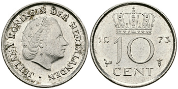 НИДЕРЛАНДЫ 10 ЦЕНТОВ 1973 ЮЛИАНА KM 182 никель 96-419
