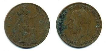Великобритания 1 пенни 1928 Георг V (1910-1936) КМ 826, Spink 4054 бронза 41-937