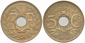ФРАНЦИЯ 5 САНТИМОВ 1936 ТИП ЛИНДАЙЁ KM 875, LE FRANC 122.19 медно-никель 105-369