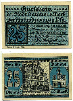 Германия, Даме/Марк 25 пфеннигов 1920 нотгельд, земля Бранденбург Grabowski D1.1b бумага 2193-20-3-2