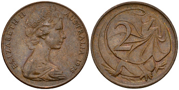 Австралия 2 цента 1975 Елизавета II (1953-), молодой портрерт, плащеносная ящерица KM 63 бронза 4601-745