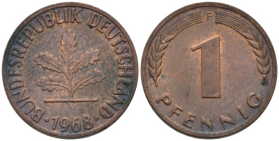 ФРГ 1 ПФЕННИГ 1968 F KM 105, J.380 сталь плакированная медью 75-417