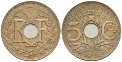 ФРАНЦИЯ 5 САНТИМОВ 1936 ТИП ЛИНДАЙЁ KM 875, LE FRANC 122.19 медно-никель 105-369