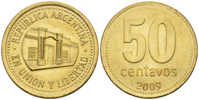 Аргентина 50 сентаво 2009 здание конгресса Тукумана, узкие буквы KM 111.1, CJ 5, Schon 112 алюминиевая бронза    60-452