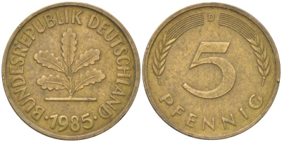 ФРГ 5 пфеннигов 1985 D KM 107 сталь плакированная латунью 4613-1228