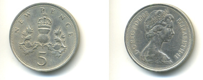 Великобритания 5 пенсов 1968 Елизавета II (1952-2022) KM 911, Spink 4233 (D1) медно-никель 83-456