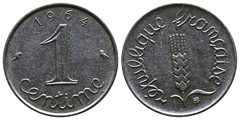 ФРАНЦИЯ 1 САНТИМ 1964 KM 928 хромированная сталь 4381-613