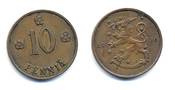 Финляндия 10 пенни 1930 республика (1918-1962) KM 24 медь 51-5322