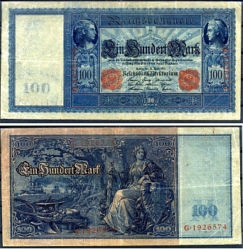 Германия 100 марок 1910 21 апреля 1910, красная печать, Меркурий и Церера, голубая бумага Pick 42 (2) бумага 2194-35-1-2