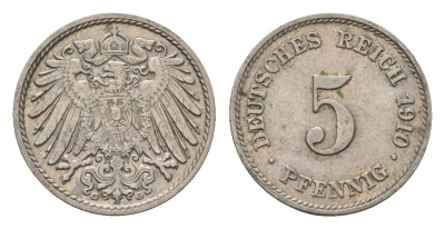 Германия 5 пфеннигов 1910 G, Вильгельм II (1888-1918) KM 11, J. 12 медно-никель 4636-217