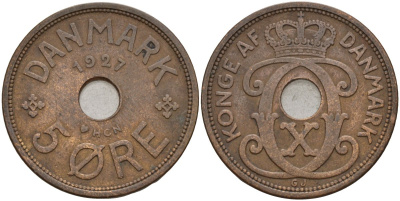 Дания 5 эре 1927 HCN, Кристиан X (1912-1947) KM 828 бронза 4526-243